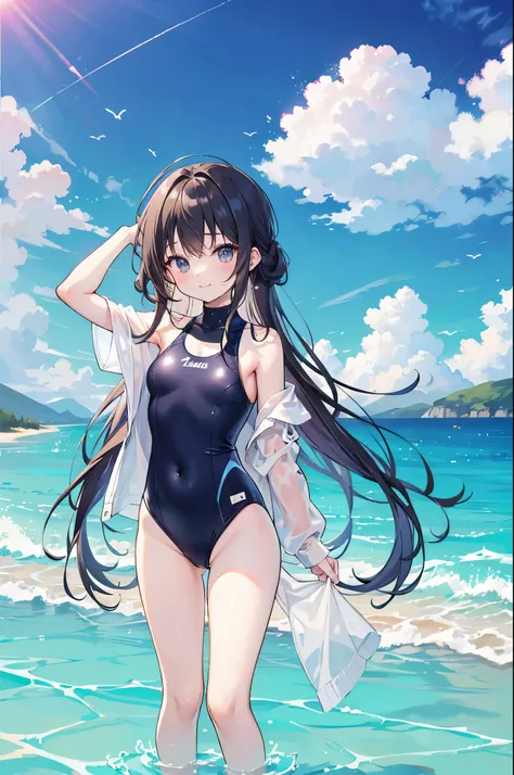 ((master piece、8k、highest quality、perfect fingers: 1.3、perfect anatomy: 1.3、background blur))、(16 years old: 1.6)、(straight long hair 、High neck swimsuit、Slender beautiful girl: 1.7)、(Landscape、standing position、wide shot、best smile:1.4)、(sea bathing、summe...