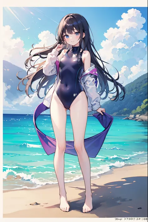 ((master piece、8k、highest quality、perfect fingers: 1.3、perfect anatomy: 1.3、background blur))、(16 years old: 1.6)、(straight long hair 、High neck swimsuit、Slender beautiful girl: 1.7)、(Landscape、standing position、wide shot、best smile:1.4)、(sea bathing、summe...