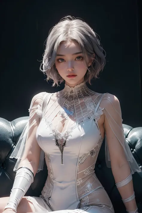 (Extreme Detail CG Unity 8K Wallpaper, masterpiece, highest quality), (exquisite light and shadow, very dramatic picture, cinematic lens effects), a girl in a white spiderman costume, silver gray hair color, from the spiderman parallel universe, Bengel, ma...