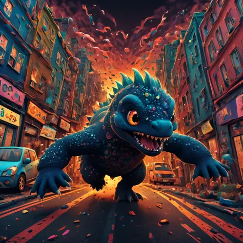 (best quality, highres, ultra sharp), magical ,cute Gozilla, in the street next a city, zentangle, full colored, 3d crunch, realistic feeling, terrorific scene, people running, panic, cars, buses, dark tones,