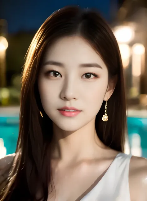 Around 40 sitting on a bench in front of the pool at night, smooth white tight clothing suit, beautiful korean woman, gorgeous young korean woman, beautiful young korean woman, korean girl, Dilraba Dilmurat, korean female fashion model, Ulzzang, Chen Xinto...