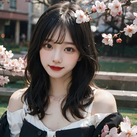 highest quality, masterpiece, ultra high resolution, to be born, 8k, surreal, young girl, off shoulder, smile, Natural light, fine skin, (black hair:1.4), red lipstick, (bangs:1.2), ((cherry blossom background)), very beautiful eyes, black eye