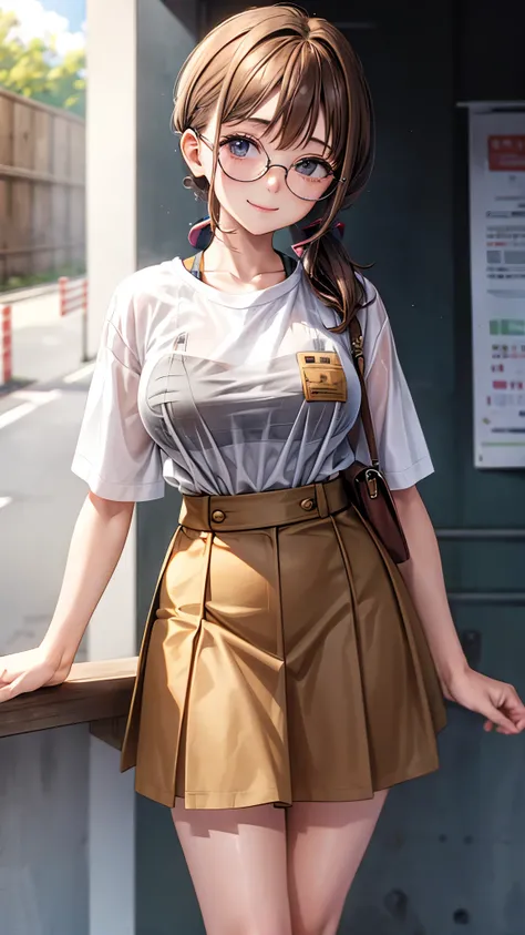 1 female,12 years old,brown hair,beautiful low ponytail hairstyle, (Miniskirt and large white T-shirt, (under bust:1.2), short sleeve, natural smile,,frameless eyeglasses,(slouch)