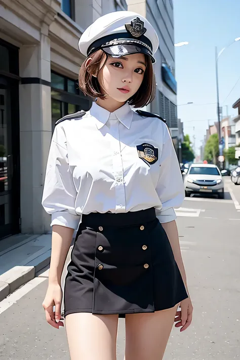 mini skirt、White Police Uniform、White Police Cap、whole body、photo taken from below、a beautiful female police officer、((brown bob hair))、city