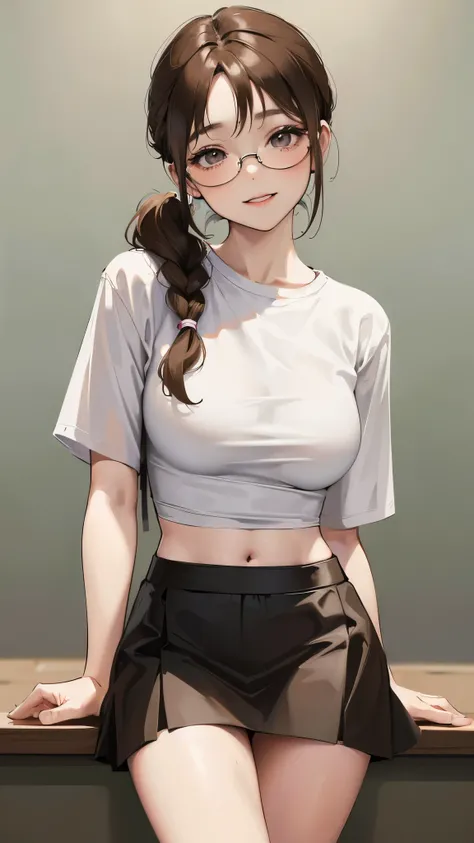 1 female,12 years old,brown hair,beautiful low ponytail hairstyle, (Miniskirt and large plain white T-shirt, (under bust:1.2), short sleeve, natural smile,,frameless eyeglasses,(slouch)