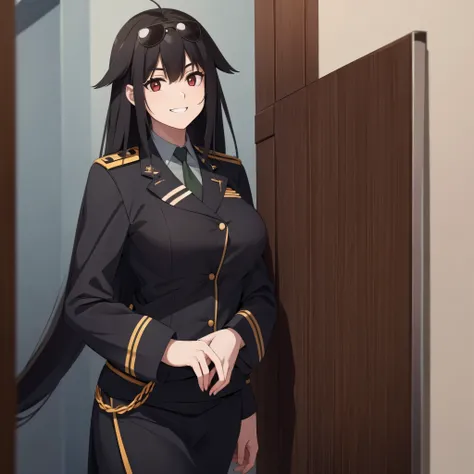 A woman in in an officers room, long black hair, red eyes, smile
