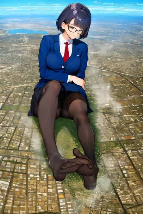 Giantの芸術, 非常に詳細なGiantショット, Giant, short hair, A high school girl who is much bigger than a skyscraper, wearing rimless glasses, big breasts, big ass, navy blazer, red tie, mini skirt, black pantyhose, pantyhose barefoot, Steam comes out from the soles of t...