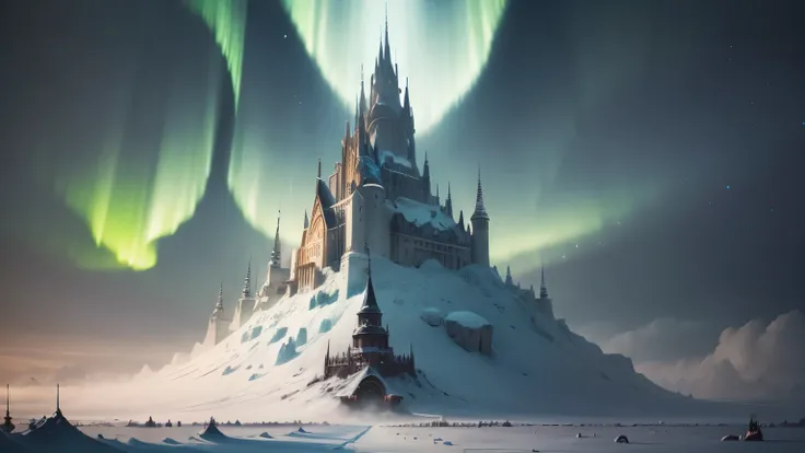 ModelShoot style, (Extremely detailed Cg Unity 8K wallpaper),Snowy mountain landscape with fog，South Pole，aurora，snow mountains，Igloo，Ice sculpture palace，Ice block house，The palace of the Ice Queen，Immerse yourself in the beautiful aurora，photography of：B...