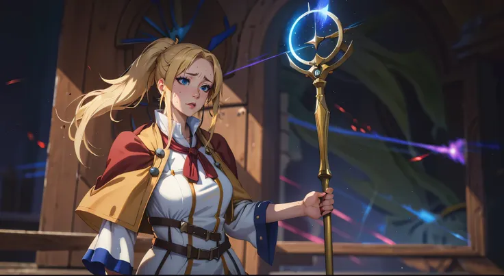 (blonde hair:1.4), blue eyes, low ponytail, (plump:1.2), epic art, fantasy art, a woman standing in front of a clock holding a wand, a character portrait, by Yang J, pixiv contest winner, maya ali as a lightning mage, rendered in 4 k, npc with a saints hal...