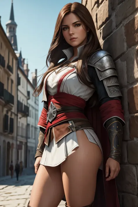 La mujer, Стиль Assassins Creed, ropa corta, poca ropa, botas hasta la rodilla, Pulseras en las piernas, Ciudad medieval al fondo, Renacimiento, muy detallado, Realistic long-term photography., 4k, pelo largo, brown hair, By the chestnut, labios rojos, nsf...