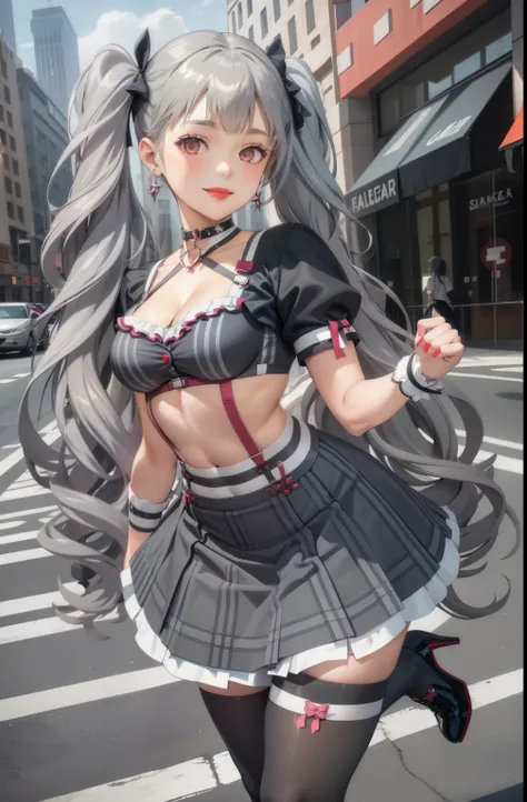 Alone,girl,gray hair,big breasts,smile,bra,checked skirt,tights,high heels,twin tails,open your legs,thin legs,earrings,choker,looking at the viewer,red lipstick,tongue