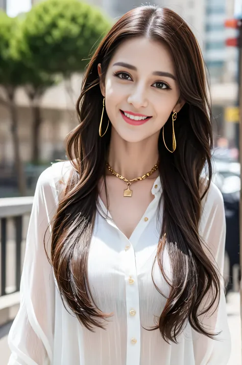 ((Highest image quality、8K、masterpiece:1.3))、1girl in、smile、Full body Esbian、slim face、cute woman、(dark brown hair)、super detailed face、detailed eyes、double eyelid、blurred background、slim face、in the hustle and bustle of the city。Super long brown hair、big ...