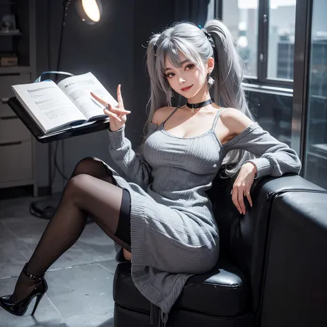 Alone,girl,gray hair,big breasts,smile,knit dress,tights,high heels,twin tails,open your legs,thin legs,earrings,choker,looking at the viewer