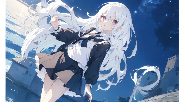 完美的white hair女孩, Anime visual of a cute girl, white hair的 god, small curve , white hair女孩, anime style 4k, white hair, anime long hair girl, white hair的, cute anime girl,，A little loli，long white hair，Amber pupils，black leather shoes，short skirt，Standing b...