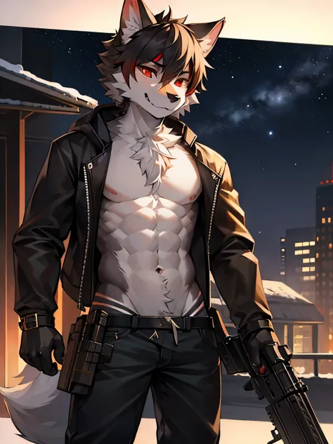 Male wolf, Furry，gray wolf, short hair，Golden pupils，sniper gun，starrysky, standing, red eyes, (Realistic eye details 1.2), topless, Hair coiled, (detail body), (detail fur)