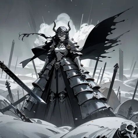 ((masterpiece, highest quality, figure)), chaos theme, horror theme, girl, covered eyes, mask, skull, headgear, Skeleton armor, skeleton print, armored dress, floating cloak, jacket removed, alone, Planted a lot_sword, Remains, cloudy sky, it&#39;s snowing...