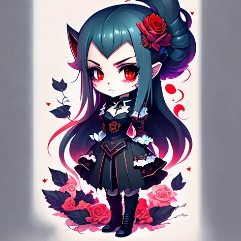 adesivo anime Chibi Vampire , longos cabelos brancos, Gothic style, rosas no cabelo,dark black eyelashes ,olhos vermelhos brilhantes, digital illustration, comic style, gothic revival, anatomia perfeita, centrado, approaching perfection, dynamic, altamente...