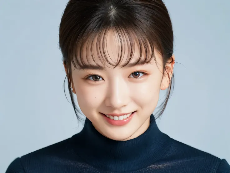 (masterpiece, highest quality, looking at the viewer:1.4), close, RAW photo, disorganized, 8k, 85mm, Sophisticated, dull blue knit sweater, (smile:0.2)