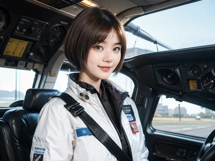 164
Shorthair,  (a 20 yo woman, standing), A hyper-realistic, gentle smile, sci-fi cool suit, (口紅),  in the cockpit of an old fashioned fighter aircraft