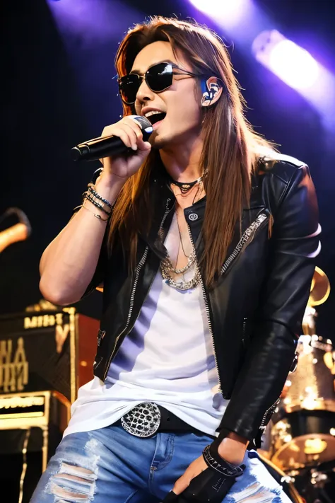 male　brown hair　muscular　Australian person　sunglasses　heavy metal rock singer　Microphone Performance