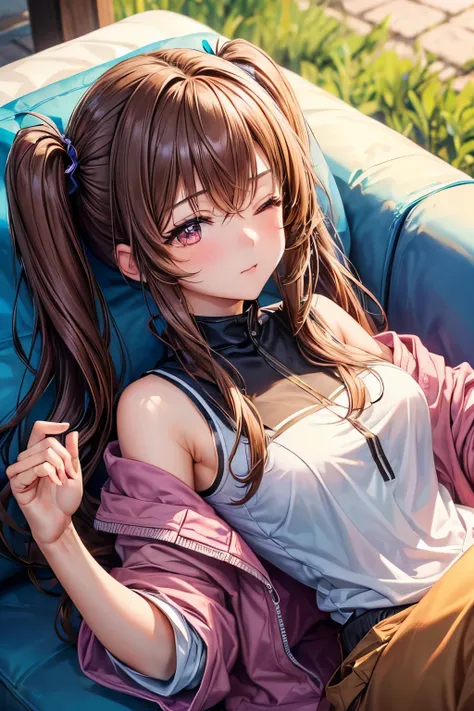 ((1 girl)), ((highest quality)), (super detailed), (very detailed CG 統合 8k 壁紙), very detailed, High resolution raw color photos, professional photography, (twin tails), brown hair, wonderful face and eyes, pink eyes, (amazingly beautiful girl), drop should...