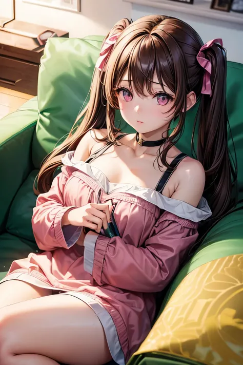 ((1 girl)), ((highest quality)), (super detailed), (very detailed CG 統合 8k 壁紙), very detailed, High resolution raw color photos, professional photography, (twin tails), brown hair, wonderful face and eyes, pink eyes, (amazingly beautiful girl), drop should...