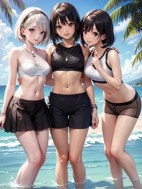 ((highest quality)), ((masterpiece)), (3 girls:1.3), cute three girls are posing for a camera outdoors in the water, shirtを持ち上げる,lift the skirt, three people standing in a row, (Close-up shot from the knee:1.3), perfect face, smile, (open your mouth and sm...