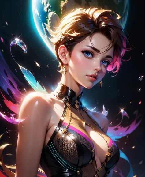 (masterpiece:1.4, best quality), (intricate details), unity 8k wallpaper, ultra detailed, award-winning painting, (visually stunning:1.4), ethereal figure, otherworldly subjects, spiked hair, short hair, light brown, (style of Christian Ward:1.3), vivid hu...