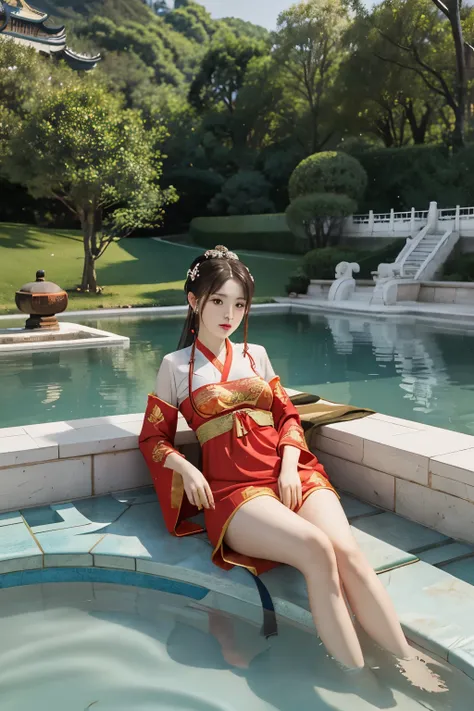 Yang Guifei，Slender white legs，Plump body，The chaise comes out of the bath，Huaqing Palace，Chinese classical palace，hot spring pool，Tang Dynasty，Ancient clothes，Red clothes。8K