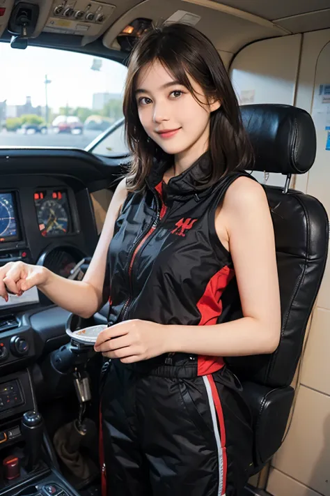 164
Shorthair,  (a 20 yo woman, standing), A hyper-realistic, gentle smile, sci-fi cool suit, (口紅),  in the cockpit of an old fashioned fighter aircraft