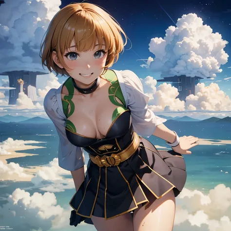 Chie Shinohara, Fiona Staples, Surreal, mysterious, strange, fantastical, fantasy, Sci-fi, Japanese anime, cumulonimbus castle, miniskirt princess, perfect voluminous body, kingdom of telescopes, detailed masterpiece Hyper realistic sharp focus zoom in emb...