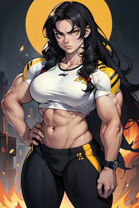 angry ((((1girl)))) (((bodybuilder))) pale skin black hair very long hair yellow eyes