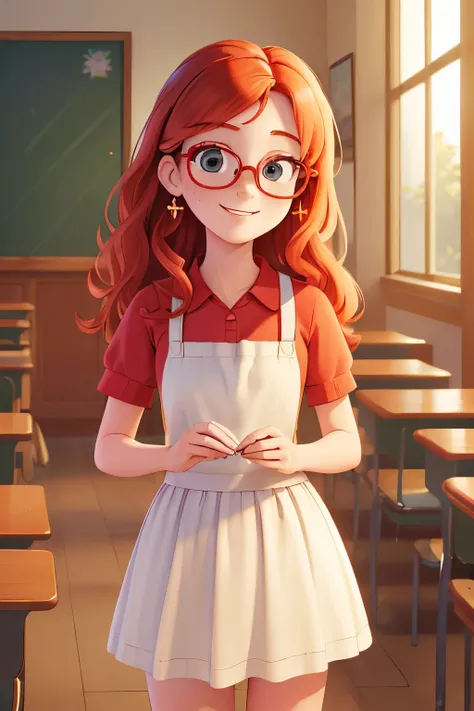 (be :1.3),(masterpiece, highest quality:1.4), (beautiful, beesthetic, perfection, delicate, Complex:1.2),((highest quality)), ((masterpiece)), (be familiar with),(be high resolution:1.2), freckles、redhead、classroom, ben adult female, Claudia Shaver smiling...