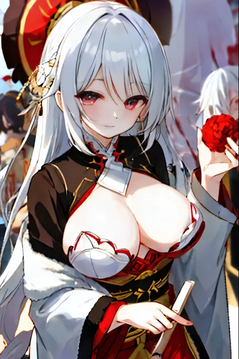 Pure white hair color，Elegant，Ruby-like deep and charming eyes，Shining a bright red like blood，Full breasts，Clothing for the Spring Festival Festival Clothing。