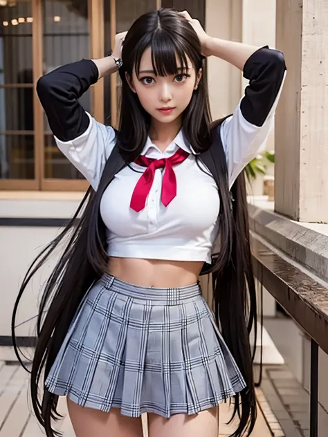 high school girl, huge breasts, untied long black hair, long black hair, distorted eyes, long eyelashes, nice and cute huge breasts, white underwear and skirt, Sexy pose showing underwear shorts, big , thighs, anime style , 美しいアニメhigh school girl, シュールなhig...