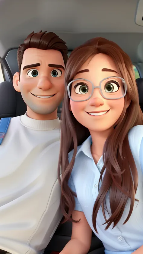 Um casal dentro de um carro estilo pixar, alta qualidade, melhor qualidade