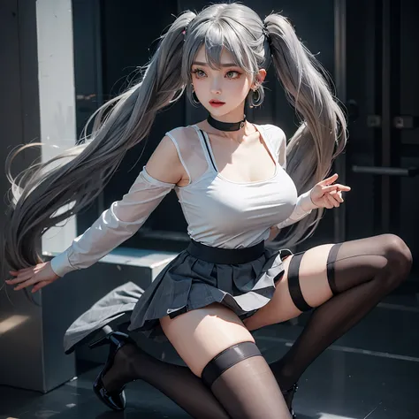 Alone,girl,gray hair,big breasts,Bunny girl,tights,high heels,lift the skirt,twin tails,thin legs,earrings,choker,I can see the whole body