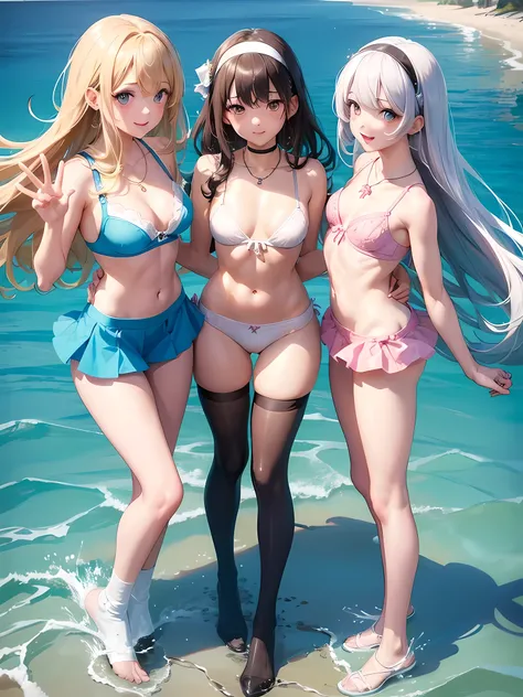 ((highest quality)), ((masterpiece)), (3 girls:1.3), cute three girls are posing for a camera outdoors in the water, shirtを持ち上げる,micro bikini,very small bra,The wind flips my skirt, three people standing in a row, (Close-up shot from the knee:1.3), perfect...