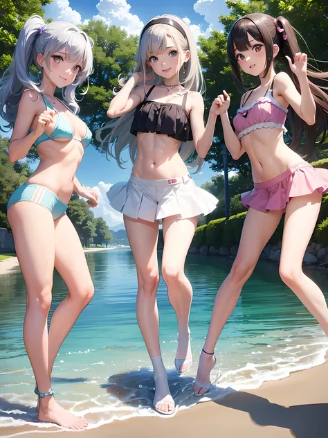 ((highest quality)), ((masterpiece)), (3 girls:1.3), cute three girls are posing for a camera outdoors in the water, shirtを持ち上げる,micro bikini,very small bra,The wind flips my skirt, three people standing in a row, (Close-up shot from the knee:1.3), perfect...