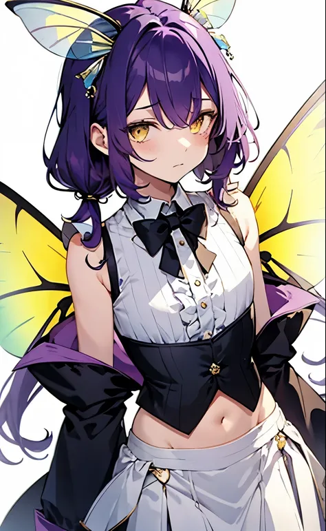 white background, top-quality, character design, concept art, 1girl, androgynous, sleepy girl, sheer blouse, magical fairy, revealing butler outfit, cropped tailcoat, boyish clothes, sleeveless tailcoat, mature expression, exhausted expression, unintereste...