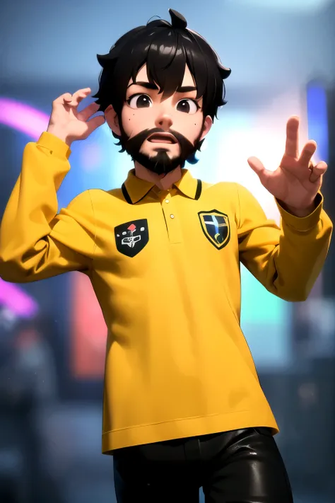 3D Pixar-style image of a young man with black gradient hair black eyes brown skin canary yellow polo shirt drawn beard looking at the camera 