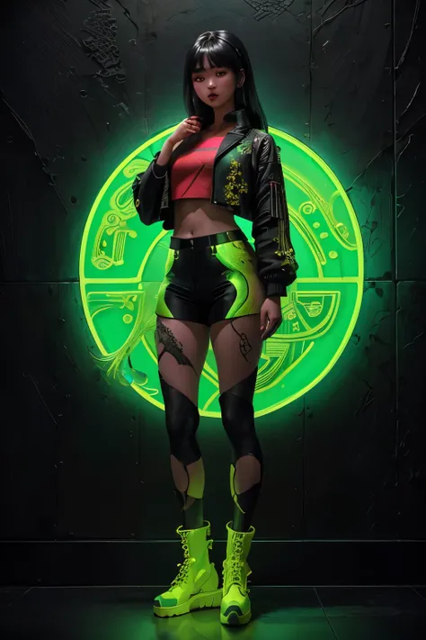 (Top Quality, 8k), Asian beauty girl aged 25 with a slightly chubby figure, wearing a crop top with intricately designed Batik motifs from Jawa, a long jacket made of neon futuristic material reaching down to her ankles, fitted black boots with glowing sol...