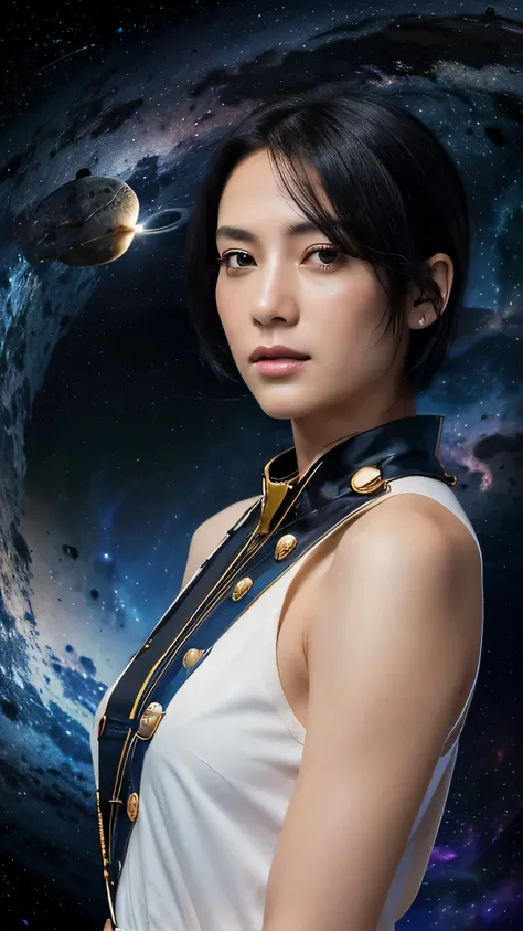 (((space background))), (highest resolution, clear_image), highest quality, masterpiece, very detailed, semi-realistic, woman with shoulder-length black hair, black eye, mature, mature woman, emperor&#39;Sister of, sexy, short hair, triple bang, uniformを着た...