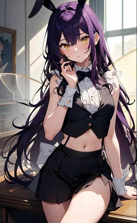 masterpiece, top-quality, 1girl, androgynous, innocent sleepy girl, sheer blouse, revealing butler outfit, cropped tailcoat, sleeveless tailcoat, androgynous, boyish features, (exposed midriff), white rabbit ears, tired yellow eyes, fairy, dusty purple hai...