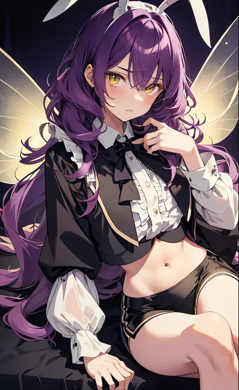 masterpiece, top-quality, 1girl, androgynous, innocent sleepy girl, sheer blouse, revealing butler outfit, cropped tailcoat, androgynous, boyish features, (exposed midriff), white rabbit ears, tired yellow eyes, fairy, dusty purple hair, flat bangs, wavy l...