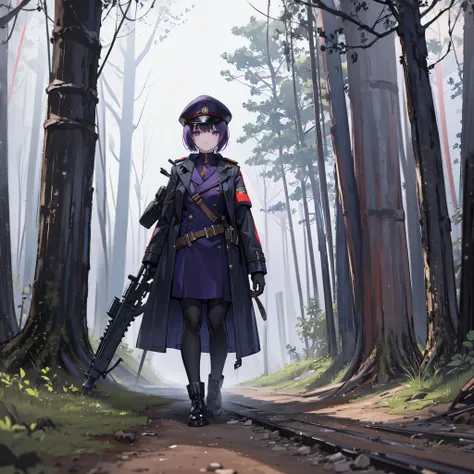 Solo girl, soldier, long rifle, rain, explosions, big trench coat, soviet hat, detailed face, full body, dirt, forest, purple short hair, panic, warzone.