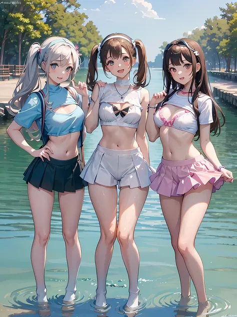 ((highest quality)), ((masterpiece)), (3 girls:1.3), Three cute girls are posing for the camera outdoors underwater, shirtを持ち上げる,micro bikini,very small bra,The wind flips my skirt, three people standing in a row, (Close-up shot from the knee:1.3), (open y...