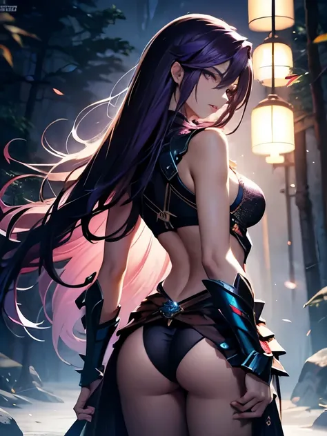 masterpiece　Beautiful woman with very long purple hair　sharp eyes　racy bikini armor　Sleeveless light blue see-through dress　Beautiful butt with underwear stuck in　night forest