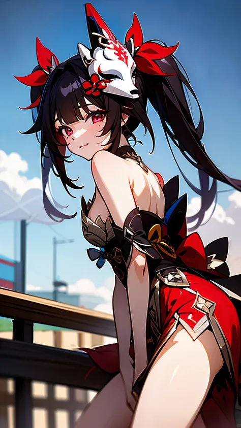 1girl, sparkle from honkai star rail, black twintail hair, red eyes, wearing her outfit, japanese mask, doing daily activities, ...