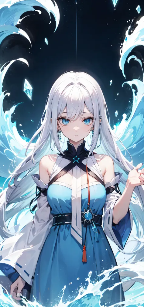 anime girl with long white hair and a blue dress looking at a wave, the piercing stare of yuki onna, frozen tear, white haired deity, it has a piercing gaze, really close, frost clings to her skin, white haired lady, white haired